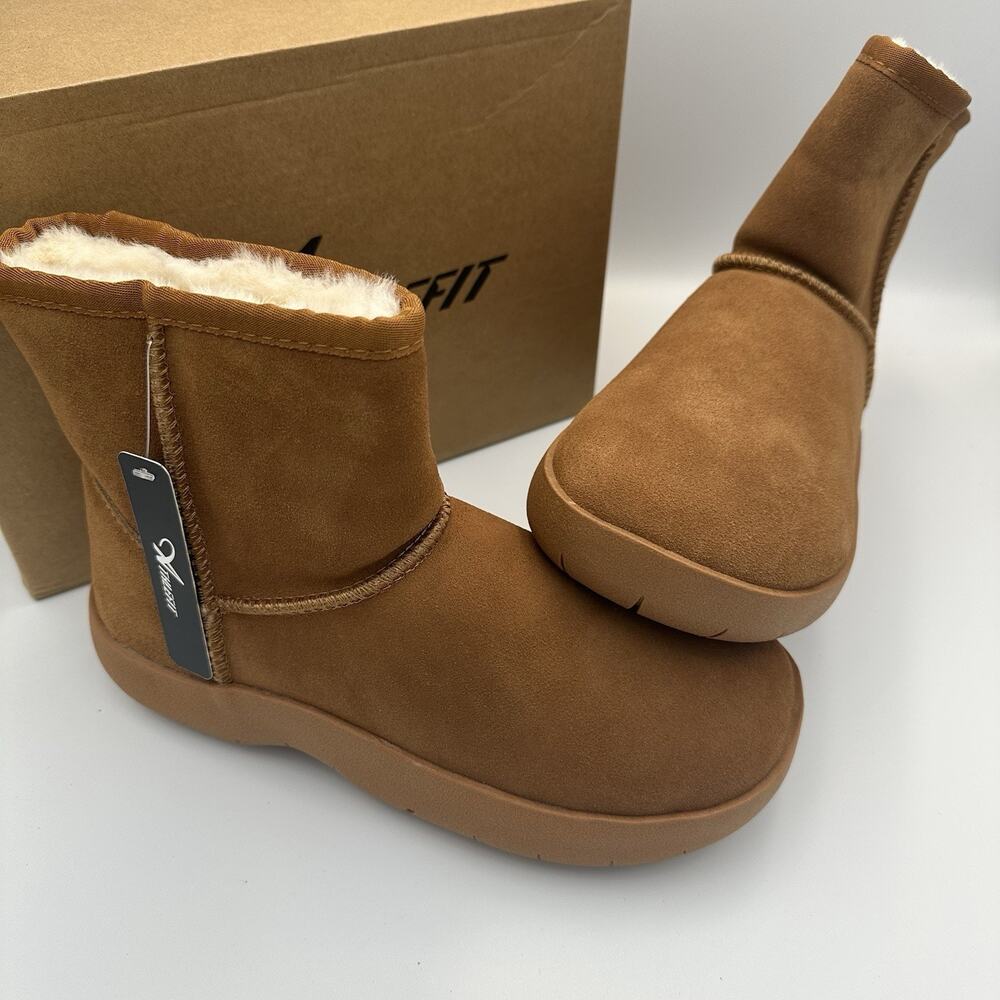 Athlefit Snow Boots Slip On Womens Suede Faux Wool Fur Lining‎ Chestnut